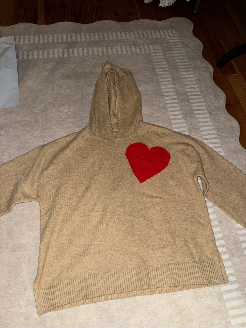 Ann Taylor Beige Hoodie Sweater with Red Heart Patch